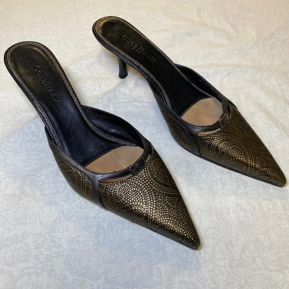 Cole Haan City Women's Mule Heels 9B Bronze Black Leather‎ Pointed Toe